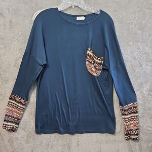 Pogtmm Trendy Teal Long Sleeve Top with Patterned Details Sz Lg